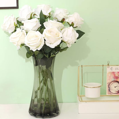 Cloudecor 15Pcs White Roses Artificial Flowers Fake Roses Long Stem Velet Rose Silk Flowers for Home Wedding Decoration (Round Roses,Cream White)