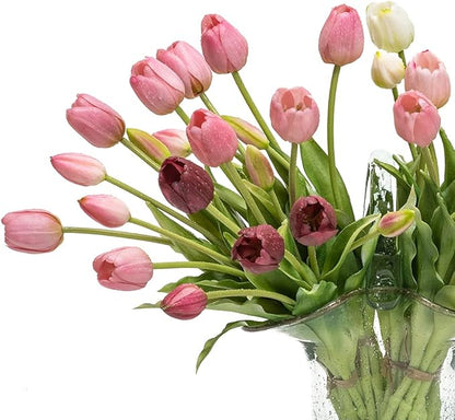40pcs Artificial Tulips Flowers Real Touch Fake Latex Bouquet for Wedding Party Office Home Kitchen Decoration(Light Purple Suit 40pcs)