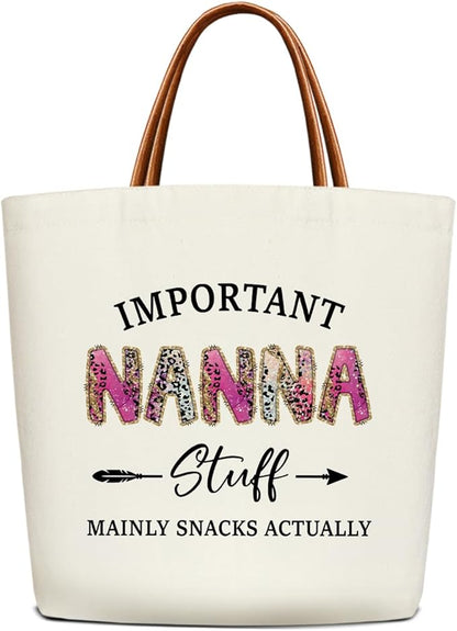 Canvas Tote Bag for Women, Important Stuff Bag with Leather Handle, Reusable Grocery Bags for Shopping Beach Travel