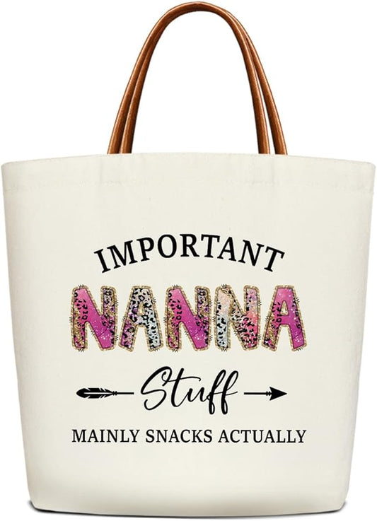 Canvas Tote Bag for Women, Important Stuff Bag with Leather Handle, Reusable Grocery Bags for Shopping Beach Travel