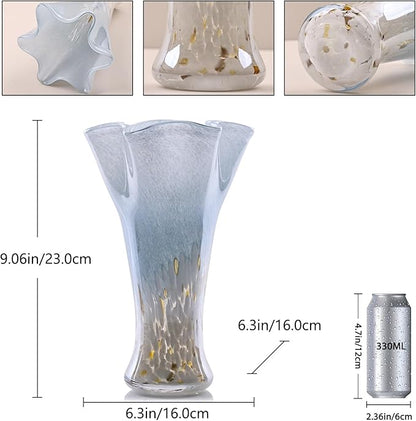 9.0"H Blue Glass Vases for Flowers, Unique Hand Blown Glass Vase Blue White Home Decor, Wide Mouth Colorful Flower Vase Centerpieces, For Living Room Table Bookshelf, Bathroom Office Shelf Decorative