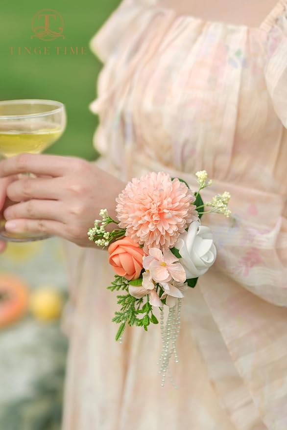 TINGE TIME Set of 2 Wrist Corsage Bracelets Pearl Wristlet Band Bridesmaid Bracelet for Wedding Ceremony Bridal Shower Wedding Artificial Flower Prom (CoralPink&Champagne)