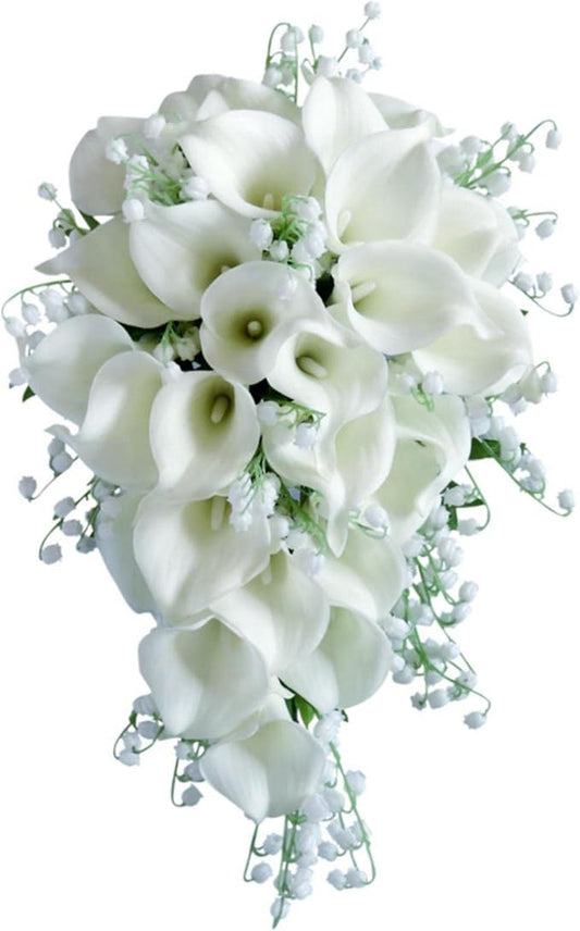 Bride Bouquet for Wedding, White Calla Lily Waterfall Bride Bridal Artificial Flowers Bouquet Cascading Bridal Bouquets for Wedding Ceremony Anniversary Bridal Shower Party Decoration