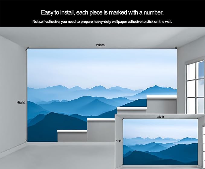 Minimalist Blues Mountain Wall Mural, Misty Layered Hills 3D Wall Murals, Serene Misty Mountains Wallpaper Mural, for Living Room Bedroom Large Wallpaper Indoor Decor 118" W x 82.6 "H
