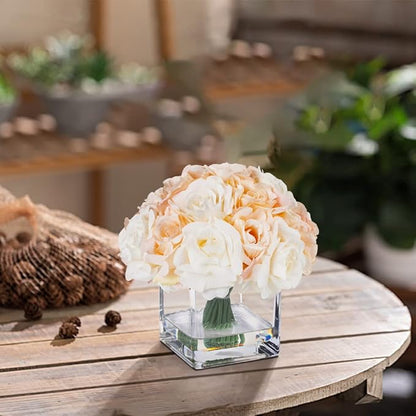 ENOVA FLORAL 18 Pieces Rose Artificial Flowers in Vase, Fake Flowers in Vase with Faux Water for Wedding, Dining Table(Cream Beige)
