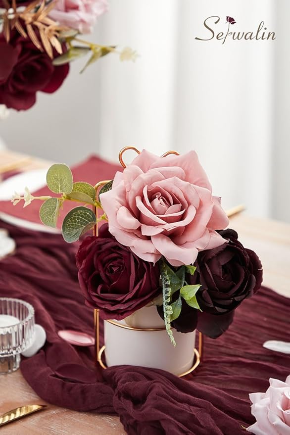Serwalin Artificial Flowers Wedding Flowers, Fake Burgundy Flowers Pink Bridal Shower Centerpieces Silk Flower, Home Decor DIY