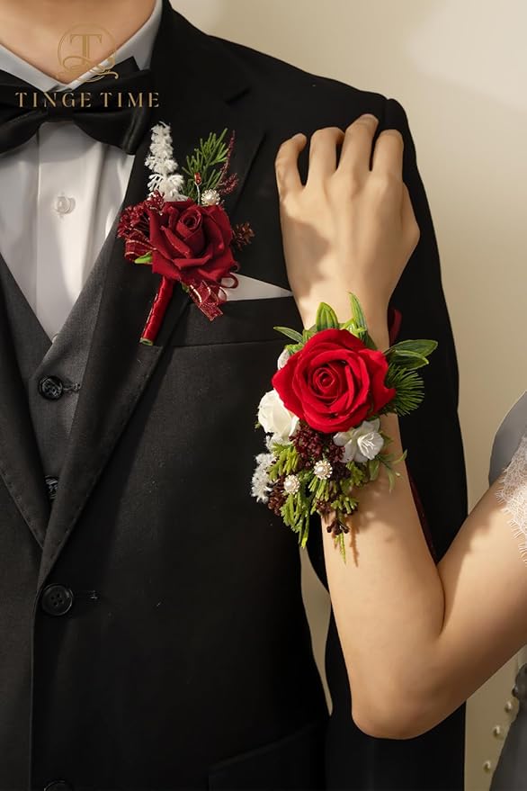 TINGE TIME Red Corsage and Boutonniere Set, Prom Flower Wrist Corsage Bracelets, Boutonniere for Men Wedding Flowers Accessories Prom Suit Decorations