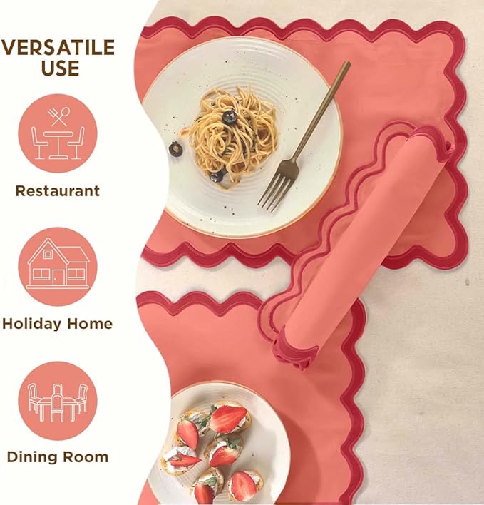 Folkulture Christmas Placemats Set of 4, 13 x 19 Inches 100% Cotton Boho Place Mats or Heat Resistant Table Mats for Dining Table Decor, Scalloped Kitchen Mats or Farmhouse Table Place Mats (Red)
