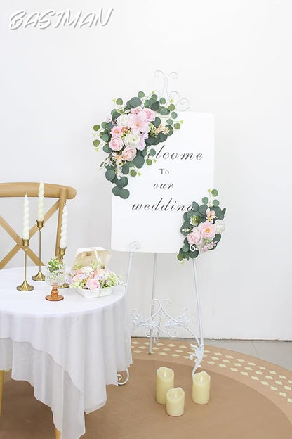 2pcs Wedding Arch Flowers,Wedding Artificial Sign Flower,Welcome Easel Door Decor Wall swags for Reception Backdrop Table Decorations Welcome Sign (Light Pink)
