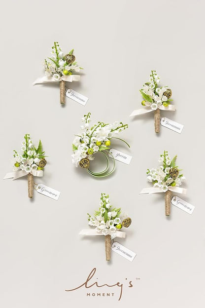 Ling's moment Boutonniere for Men, 6pcs Groom Groomsmen Boutonniere, Artificial Flowers for Wedding Decor/Prom/Homecoming, etc.White Lily & Olive