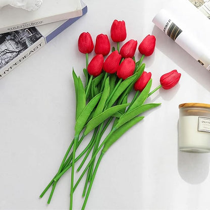 30 Pcs Fake Latex Tulips Artificial Flowers Faux Tulip Stems Real Touch Tulips for Wedding Party Home Decoration (Red)