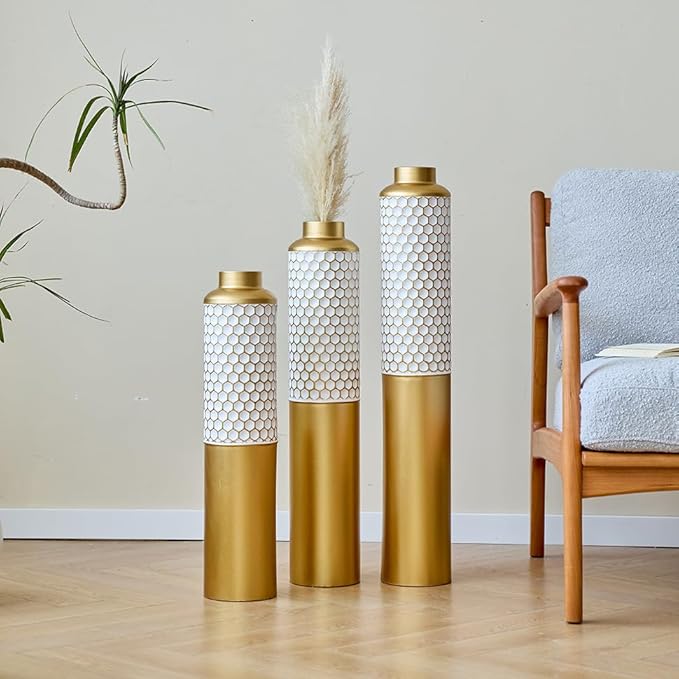 Floor Oversized Gold Metal Decorative Vase with 3D Triangle Pattern Set of 3 Large Vases for Home Living Room 33.5 ", 29.5 ", 25.2" High (Gold+White)