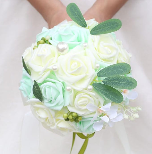 Lightweight Bridal Wedding Bouquet Round Holding Bouquet Throw Toss Artificial Rose Flower Bunch for Bride Bridesmaid Wedding Quinceanera (Cream & Light Cyan, 9.1")