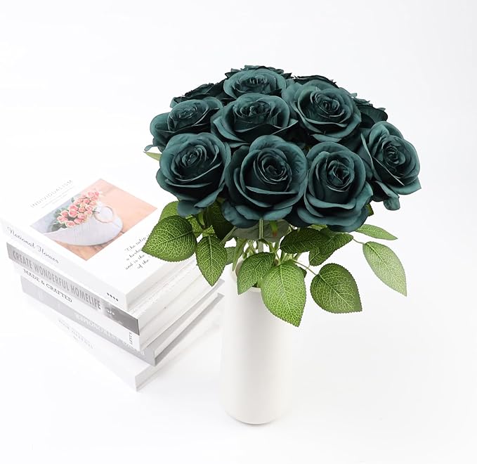 Artificial Rose Flower Artificial Flowers Flower with Long Stem Silk Roses Bouquet for Wedding Bridal Shower Party Home Decoration (Peacock Green, 12 Pcs)