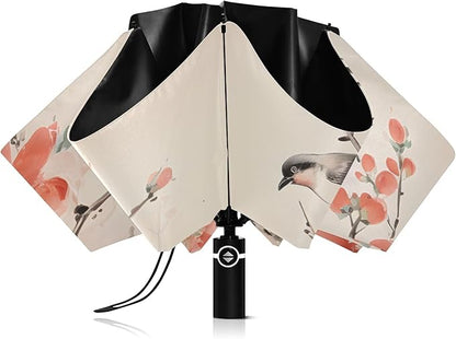 Automatic Folding Umbrella Windproof Strong, UV Protection Compact Floral Hydrangea Hummingbird Sun Rain Sun Rain Travel Umbrellas for Women Men