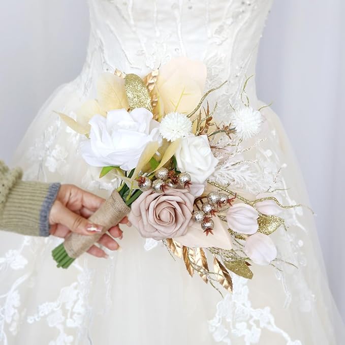 S_SSOY Wedding Bouquet Bride,Bride Bridal Bouquet Bridesmaid Artificial Flowers for Ceremony Anniversary Party Bridal Shower Decoration Wedding Bouquets (Beige)