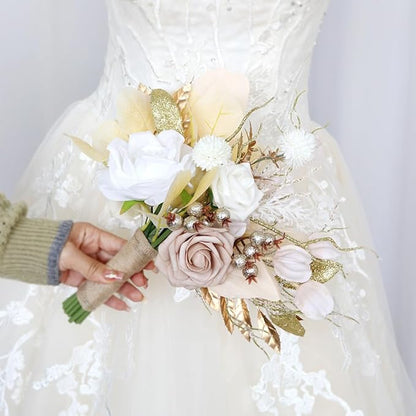 S_SSOY Wedding Bouquet Bride,Bride Bridal Bouquet Bridesmaid Artificial Flowers for Ceremony Anniversary Party Bridal Shower Decoration Wedding Bouquets (Beige)