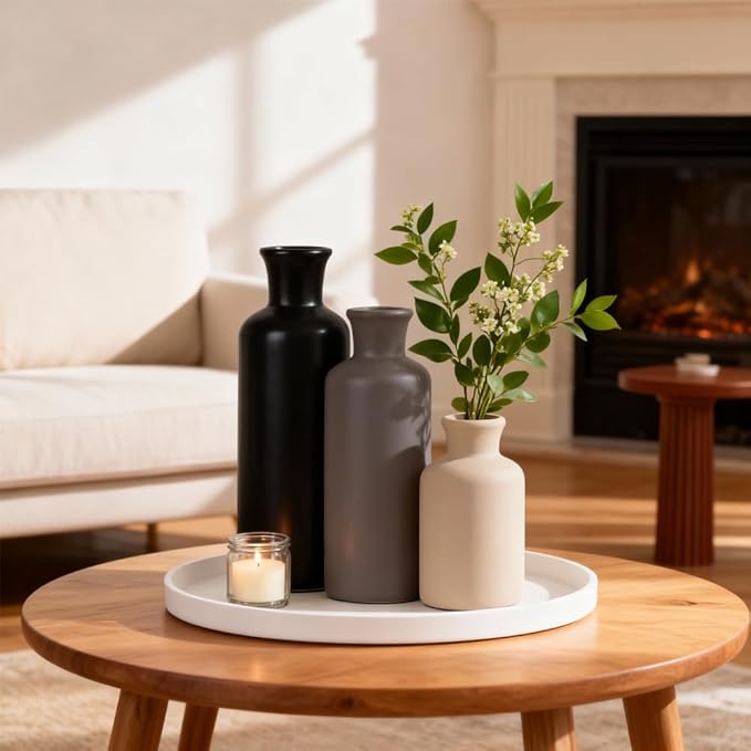 Ceramic Vase Set of 3 – Modern Neutral Vases for Home Decor, Rustic Farmhouse Pottery Vases for Pampas Grass, Dried Flowers, Centerpiece Table Decor, Living Room, Kitchen, Bedroom, Bathroom