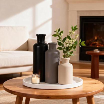 Ceramic Vase Set of 3 – Modern Neutral Vases for Home Decor, Rustic Farmhouse Pottery Vases for Pampas Grass, Dried Flowers, Centerpiece Table Decor, Living Room, Kitchen, Bedroom, Bathroom