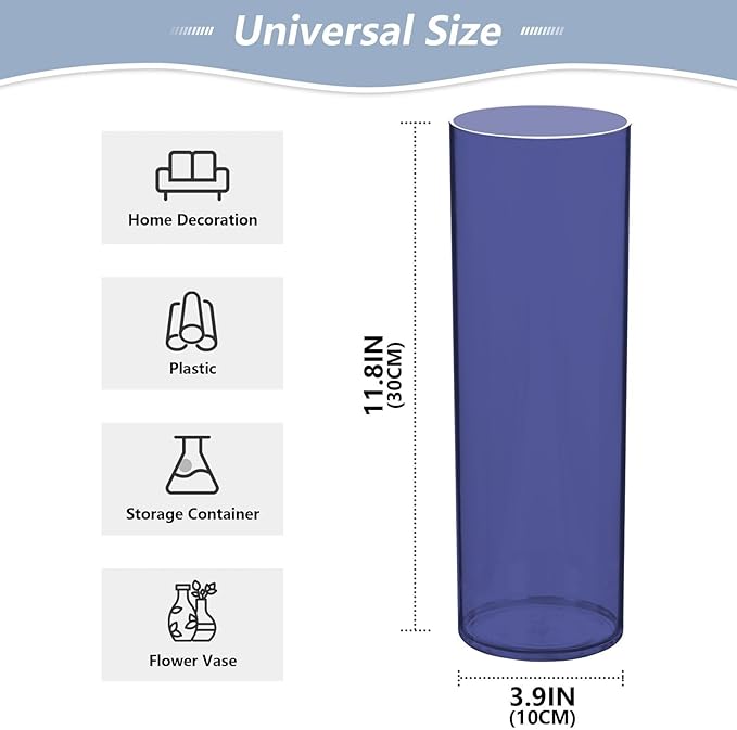 Flower Vase Clear Plastic Cylinder Vases Decor for Centerpieces Home Storage Office Weddings Navy Blue 11.8 x 3.9 in