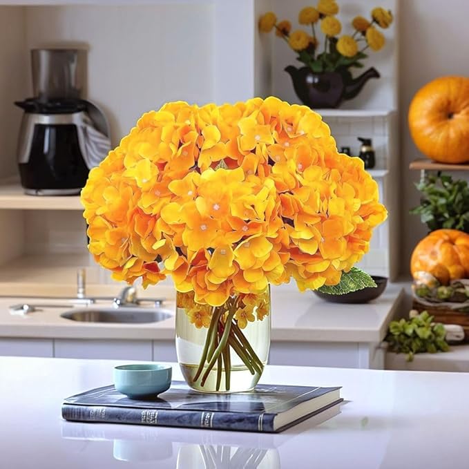 2Bouquets Artificial Fake Flowers Plants Silk Hydrangea Arrangements Wedding Bouquets Decorations Plastic Floral Home Kitchen Garden Party Festival Bar DIY(Yellow,5 Flower Heads)