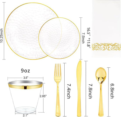 Rubtlamp 350 Pcs Clear Gold Plastic Plates, Hammered Disposable Dinnerware, Clear-Gold Plates Set Include 100 Plastic Platos, 150 Gold Disposable Silverware, 50 Cups And 50 Napkins for Christmas