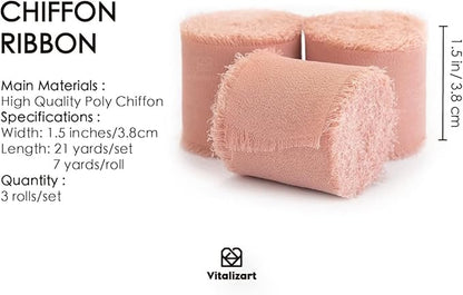 Vitalizart Rose Gold Handmade Chiffon Silk Ribbon Fringe 3 Rolls 1.5" x 21 Yd Frayed Edges Ribbons for Wedding Invitations Bridal Bouquets Gifts Wrapping Crafts Holiday Decor