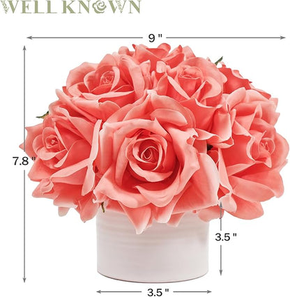 Artificial Rose Bouquet in Ceramic Vase, Silk Flower Arrangement in Pot, Real Touch Fake Flowers with White Vase for Wedding Home Centerpiece Coffee Table Bathroom Anniversary Decor & Gift (Coral)