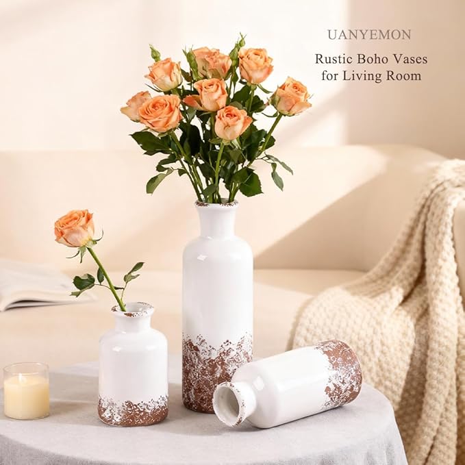 Ceramic Vase Set of 3 - Modern Decorative Vases for Home Decor, Rustic Farmhouse Boho Vases for Living Room, Mantel, Dining Table, Bookshelf, Kitchen or Entryway Decoration