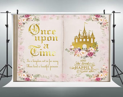 8x6ft Once Upon a Time Backdrop Fairy Tale Books Pink Floral Princess Castle Photography Background Romantic Wedding Birthday Party Banner Decorations Cake Table Decor