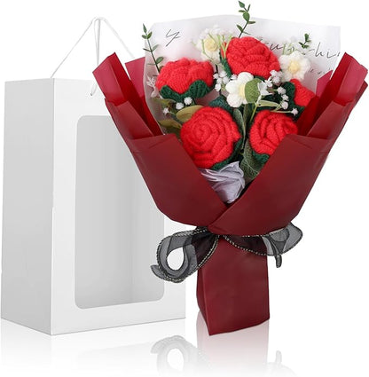 Foyucool Crochet Flowers Bouquet, Handmade Knitted Rose Bouquet with Gift Bag for Home Deocor, Crocheted Finished Flower for Wedding, Mother's Day, Teachers' Day and Valentine's Day, Rose Red