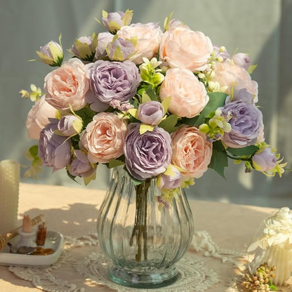 Artificial Peonies Silk Flowers in Glass Vase Faux Flowers Bouquets Modern Penoy Arrangement 4 Pack for Home Decoration Table Centerpiece (Pink Purple)