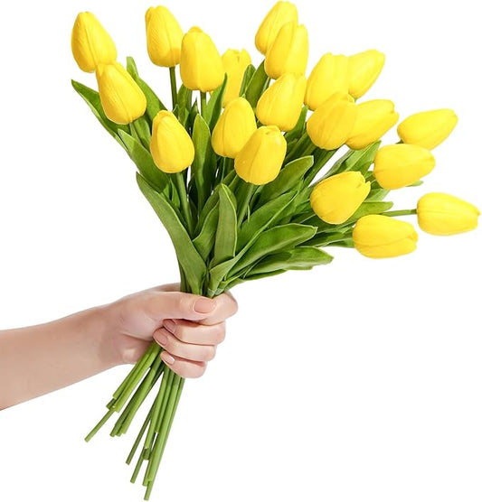Real Touch Artificial Tulips, 20pcs Fake Tulip Flowers Stem, PU Faux Tulips 13.5” for Mother's Day, Home Decor, Wedding, Easter Valentine's Gift, Table Centerpiece, Floral Arrangements, Yellow