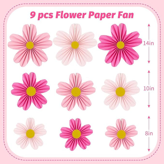 YUNXUAN Pink Party Decorations Paper Fan Paper Flowers Decorations for Wall Flower Backdrop Classroom Baby Shower Birthday Flower Wall Decor Pack of 9 Pink