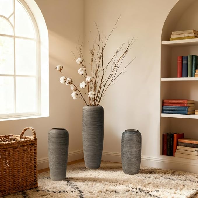 Vintage Ceramic Floor Vase – 15.7 Inch Distressed Glazed Oversized Floor Urn, Rustic Country Decor for Entryway, Living Room & Corner