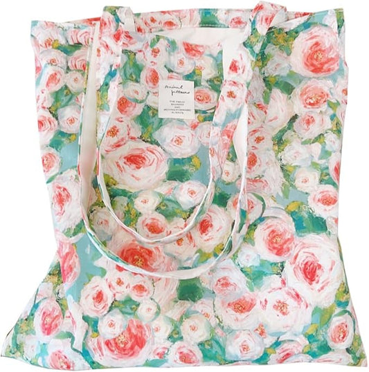 Cotton Canvas Tote Bag Reusable Soft Grocery Cloth Bag Floral Shoulder Bag for Beach Travel Shopping
