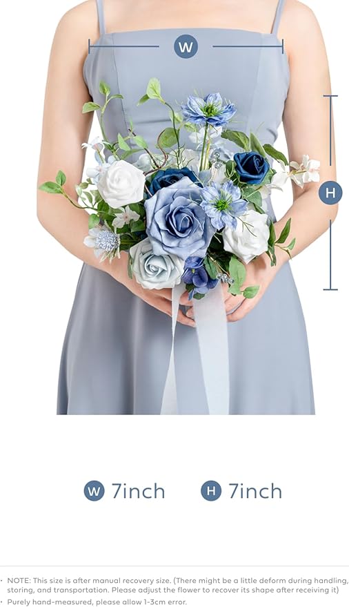 Ling's moment Artificial Flowers Dusty Blue Bridesmaid Bouquet Set of 4, Blue & Ivory Wedding Flowers Bouquets for Bridesmaids, 7 Inch Bridal Bouquets for Bridesmaids, Wedding, etc