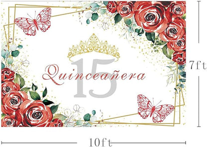 SENDY 10x7ft Quinceañera Backdrop Mis Quince 15 Anos Birthday Party Decoration Supplies for Girl Princess Red Floral Flowers Butterfly Gold Crown Photography Background Banner Photo Booth Studio Props