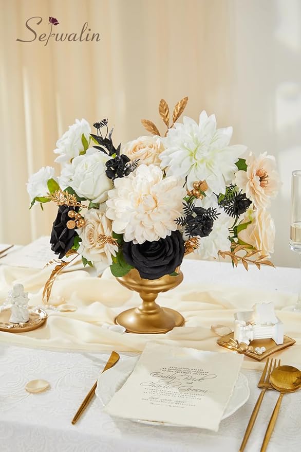 Serwalin Artificial White & Black & Champagne Flowers, Silk Fake Flowers for DIY Wedding Bouquets Cake Flowers, Table Centerpieces Baby Shower Birthday Party Home Decorations