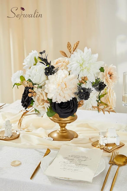 Serwalin Artificial White & Black & Champagne Flowers, Silk Fake Flowers for DIY Wedding Bouquets Cake Flowers, Table Centerpieces Baby Shower Birthday Party Home Decorations