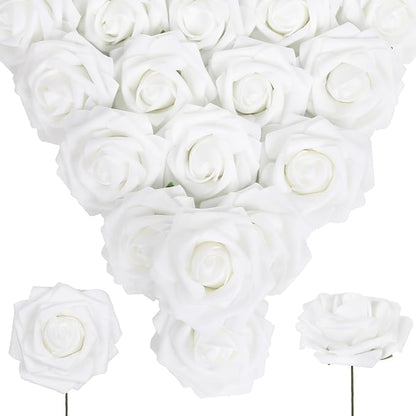 White Foam Roses 50PCS Artificial Flowers with Stems 2.95" White Artificial Roses Realistic Fake Roses Flowers for Baby Shower Centerpieces Wedding Bouquets Home Table Decor