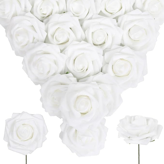 White Foam Roses 50PCS Artificial Flowers with Stems 2.95" White Artificial Roses Realistic Fake Roses Flowers for Baby Shower Centerpieces Wedding Bouquets Home Table Decor