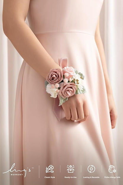 Ling's moment 6pcs Wedding Wrist Corsage Artificial Flowers, Girl/Mother Homecoming Prom Corsages Wristlet Décor, etc. Dusty Rose Pink