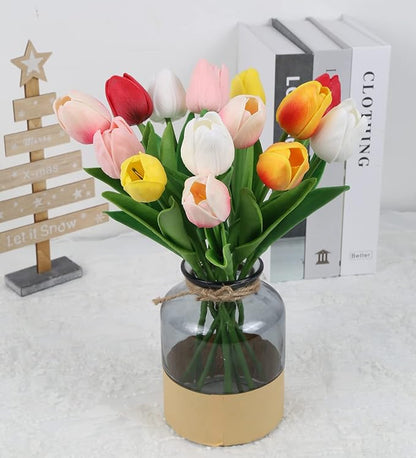 IPOPU 24PCS Real Touch Tulips Artificial Flowers for Decoration Fake Tulips Fake Flowers Floral Arrangements Artificial Faux Tulips Decor for Table Home Decor Baby Shower Centerpieces (Multi)