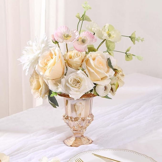 Efavormart 2 Pack Classic Roman Urn Style Amber Glass Flower Vases, Mini Pedestal Vase Table Centerpieces - 6"