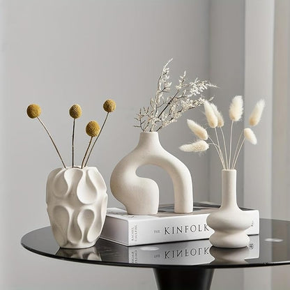 Boho Vase 3PCs | Modern Minimalist Donut Vase & Geometric Shapes | 3D Printed Imitates Ceramic Appearance | for Living Room Entryway Coffee Table Home Decor or Gift | Cream White