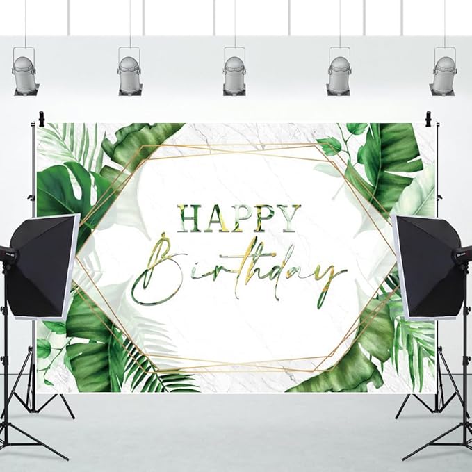 ChloropLastid 12x10ft Tropical Happy Birthday Backdrop Summer Green Palm Leaf Photography Background Hawaiian Birthday Party Banner Decorations for Men Women Portrait Photoshoot Props Supplies
