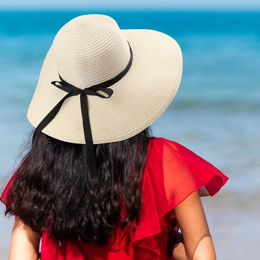 DRESHOW Beach Hats for Women Big Straw Wide Brim Summer Hat Floppy Foldable Roll up Cap Sun Hat UPF 50+