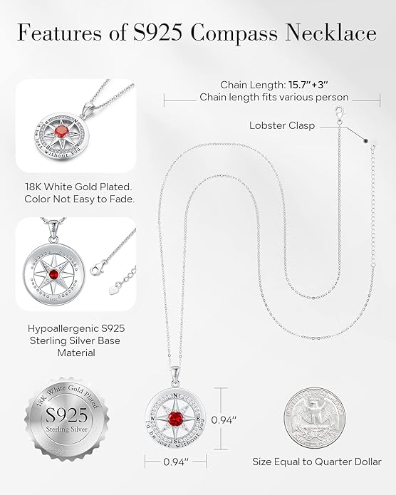 S925 Necklace Gift for Wife |Compass Jewelry |Women Anniversary |Sterling Silver |Girlfriend Birthday Gifts for Her Valentines |I'd be Lost without You |Jewel 18K Gold