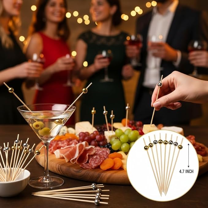 200 Pcs Gold Pearl Cocktail Picks Silver Ball Toothpicks for Appetizers 4.7 Inch Fancy Bamboo Skewers Sticks for Drinks Fruit Sandwich Wedding Charcuterie Party Decor